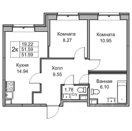 2-к кв. Санкт-Петербург ул. Ивинская, 9 (51.4 м) - Фото 1