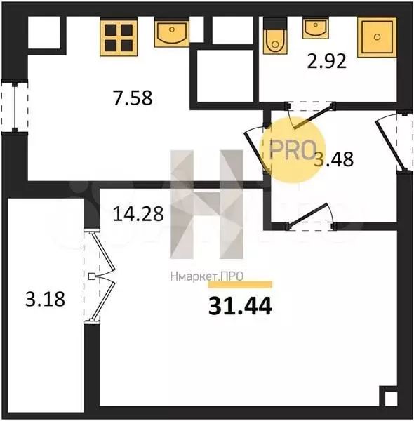 1-к. квартира, 31,4 м, 9/9 эт. - Фото 0