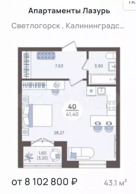 Апартаменты-студия, 43,1 м, 1/5 эт. - Фото 1