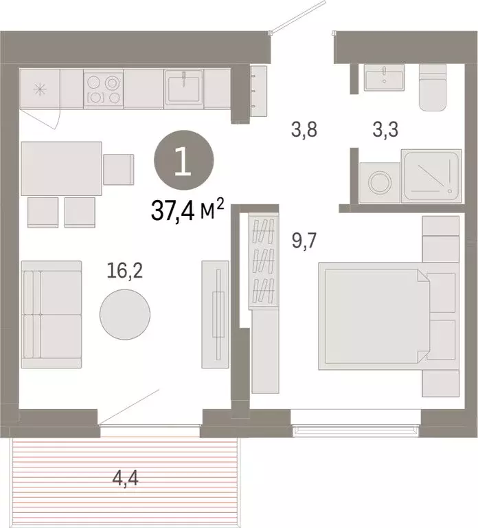 1-комнатная квартира: Омск, Кировский округ (37.36 м) - Фото 1