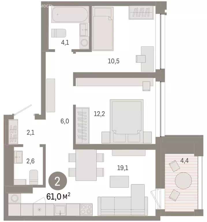 2-комнатная квартира: Тюмень, улица Муравленко, 9/2 (61.03 м) - Фото 1