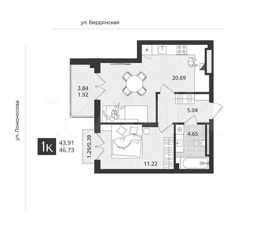 1-к. квартира, 43,9 м, 4/5 эт. - Фото 1