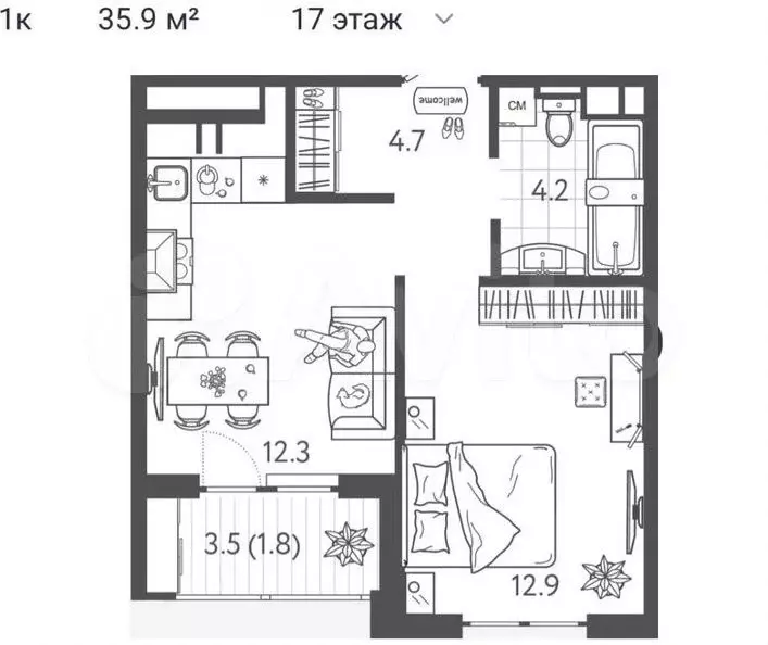 1-к. квартира, 35,9 м, 17/23 эт. - Фото 0