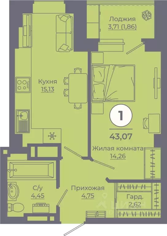 1-к кв. Ростовская область, Ростов-на-Дону ул. Еременко, 115 (43.07 м) - Фото 0