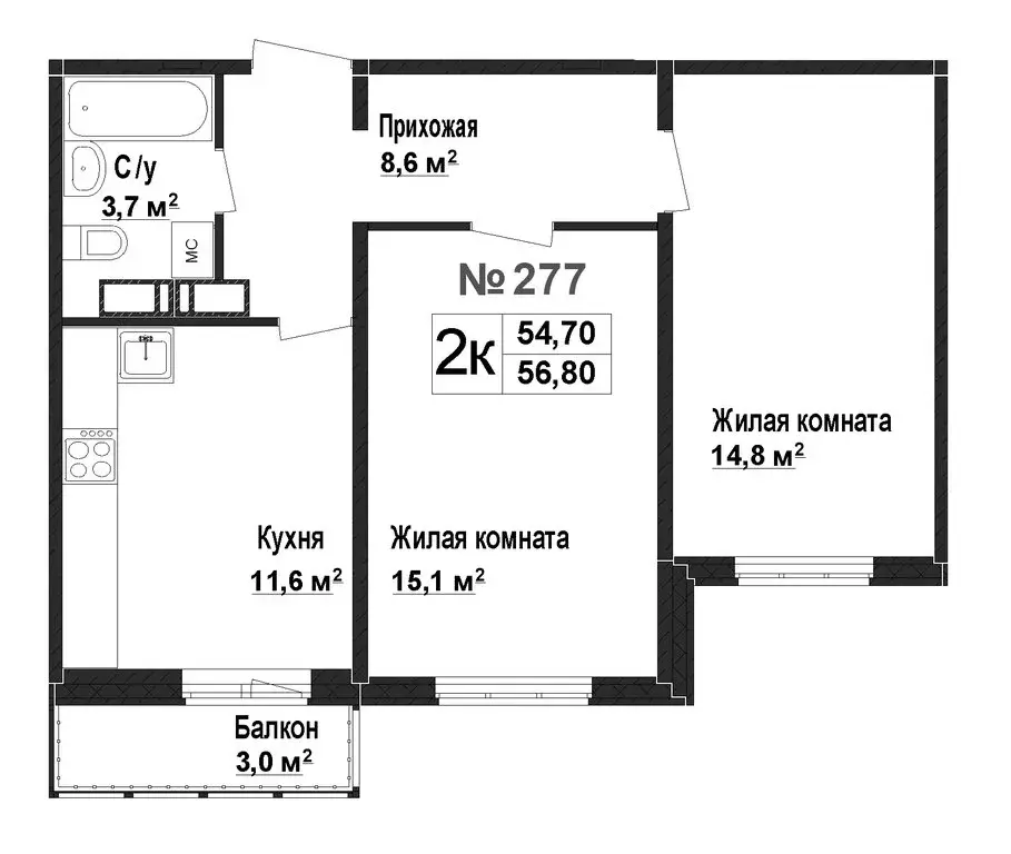 2-комнатная квартира: Нижний Новгород, ЖК Торпедо (54.7 м) - Фото 1