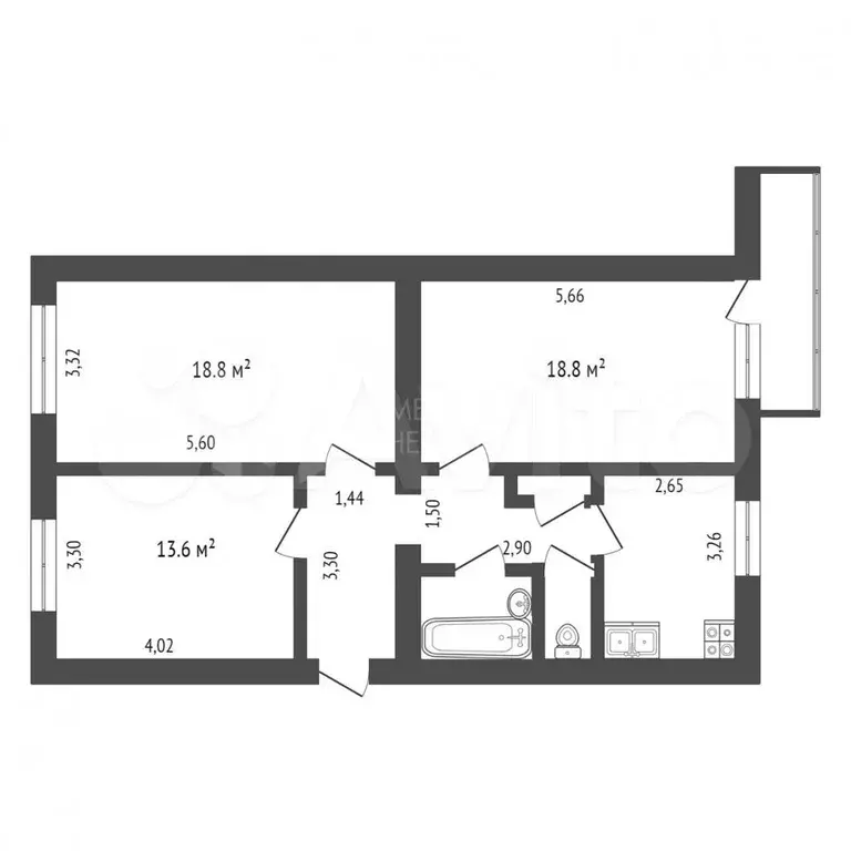 3-к. квартира, 65,9 м, 2/3 эт. - Фото 0