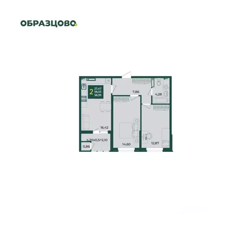 2-к кв. Краснодарский край, Краснодар Образцово мкр,  (58.99 м) - Фото 1