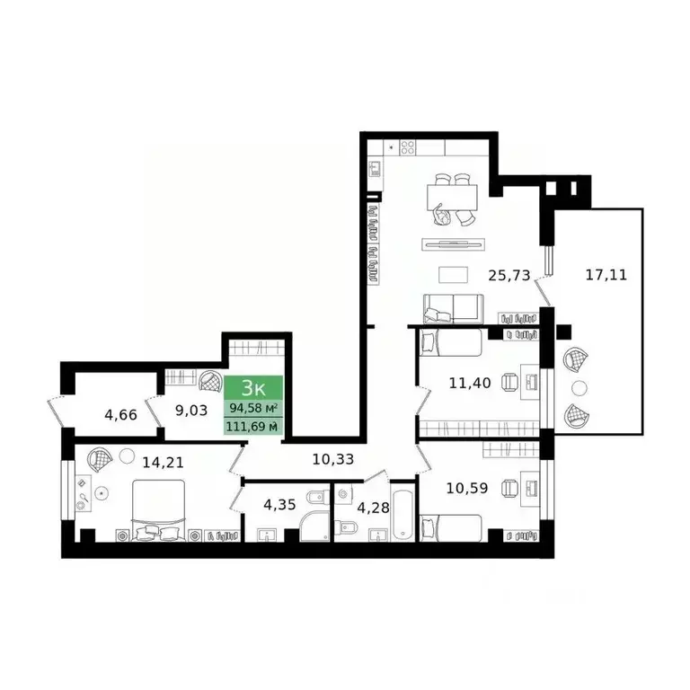 3-к кв. Курганская область, Курган просп. Конституции (111.69 м) - Фото 2