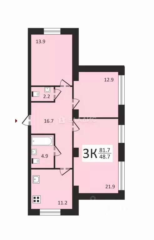 3-к кв. Вологодская область, Вологда ул. Энгельса, 71Б (80.8 м) - Фото 1