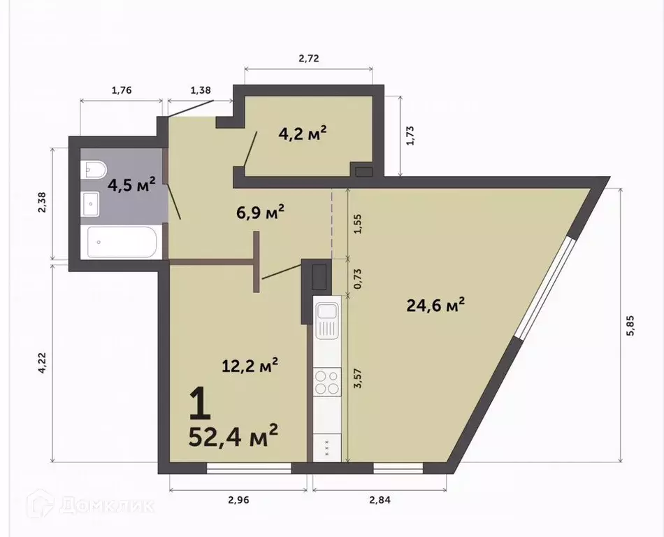 Продаётся 1-к квартира, 52.4 м - Фото 0
