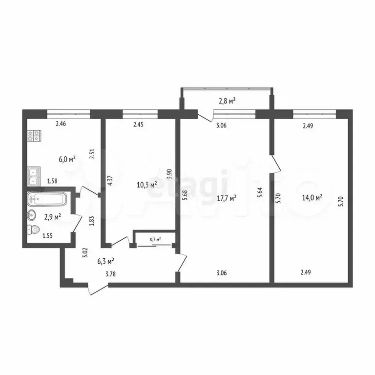 3-к. квартира, 57,9 м, 4/5 эт. - Фото 0