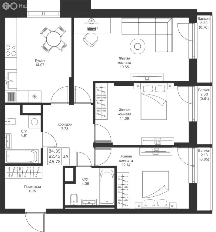 3-комнатная квартира: Казань, ЖК Мой Ритм (84.39 м) - Фото 0