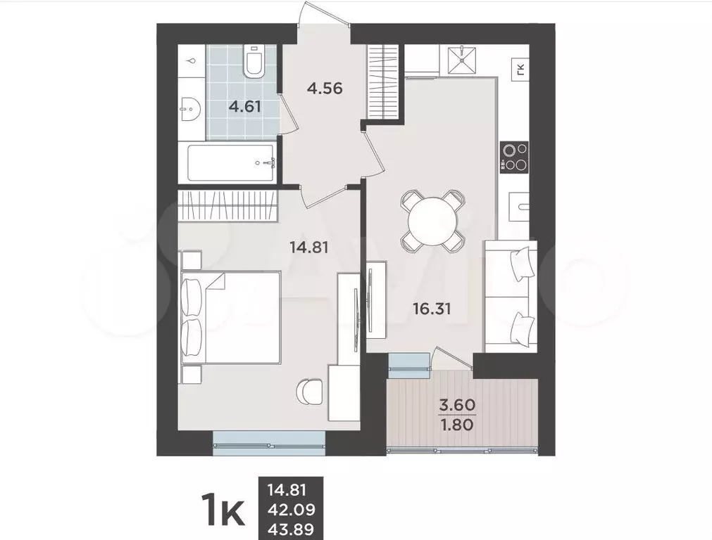 1-к. квартира, 42,1 м, 5/9 эт. - Фото 1