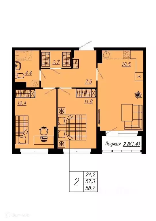 Продаётся 2-к квартира, 56.1 м - Фото 0