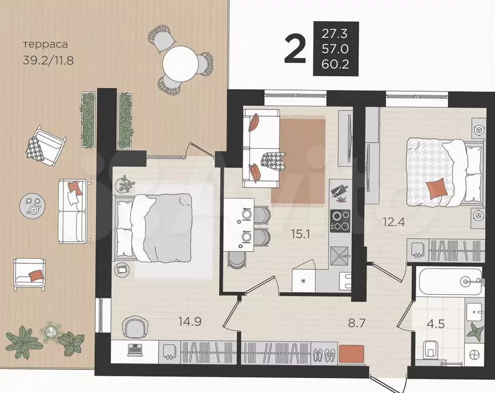 2-к. квартира, 57 м, 1/4 эт. - Фото 0