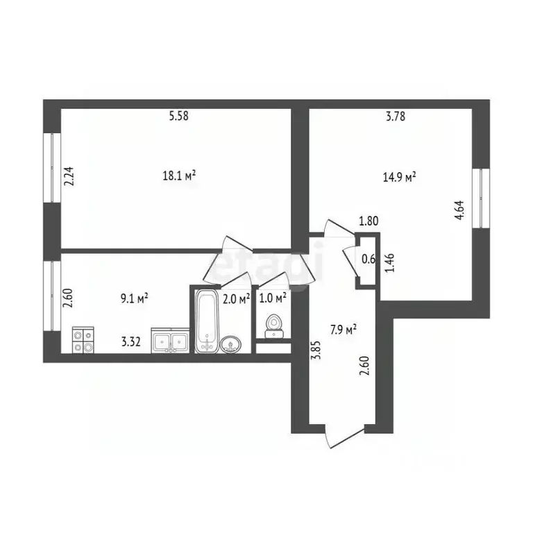 2-к кв. Санкт-Петербург ул. Трефолева, 22/25 (53.6 м) - Фото 2