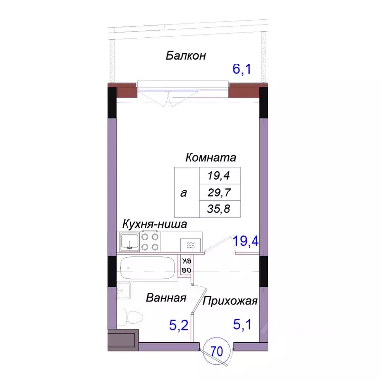 Студия Калининградская область, Светлогорск Балтийская ул. (35.8 м) - Фото 1