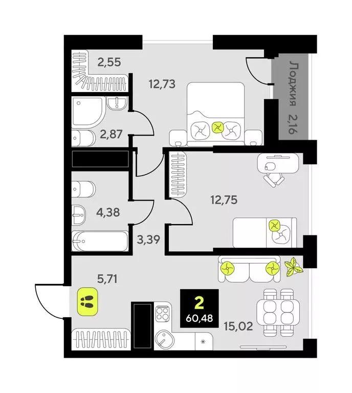 2-комнатная квартира: Тюмень, улица Андрея Приказнова, 7 (57.6 м) - Фото 1