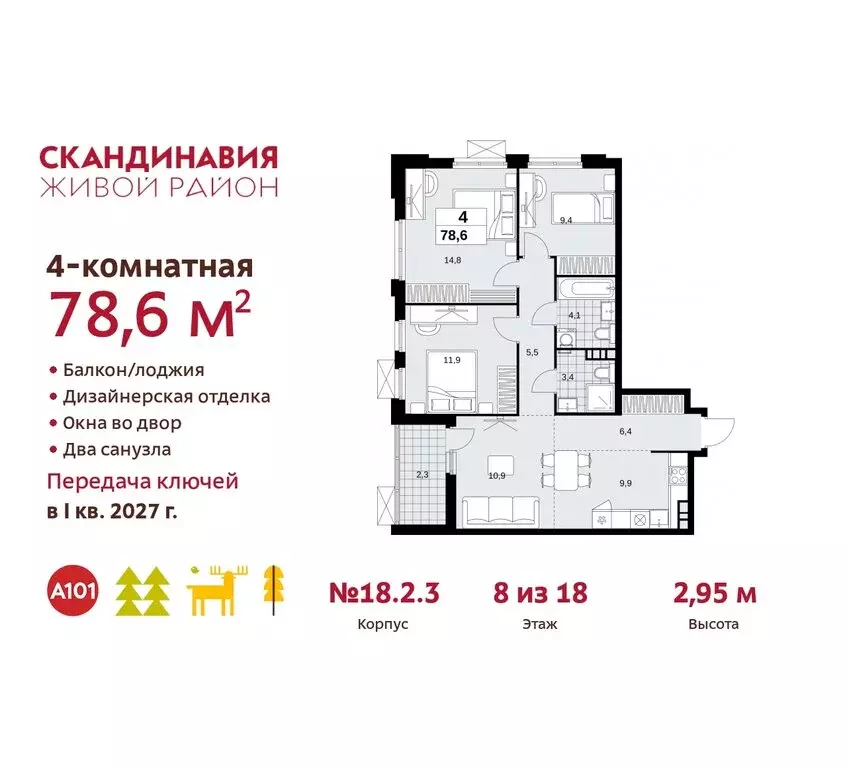 4-комнатная квартира: жилой комплекс Скандинавия, 18.2.2 (78.6 м) - Фото 0