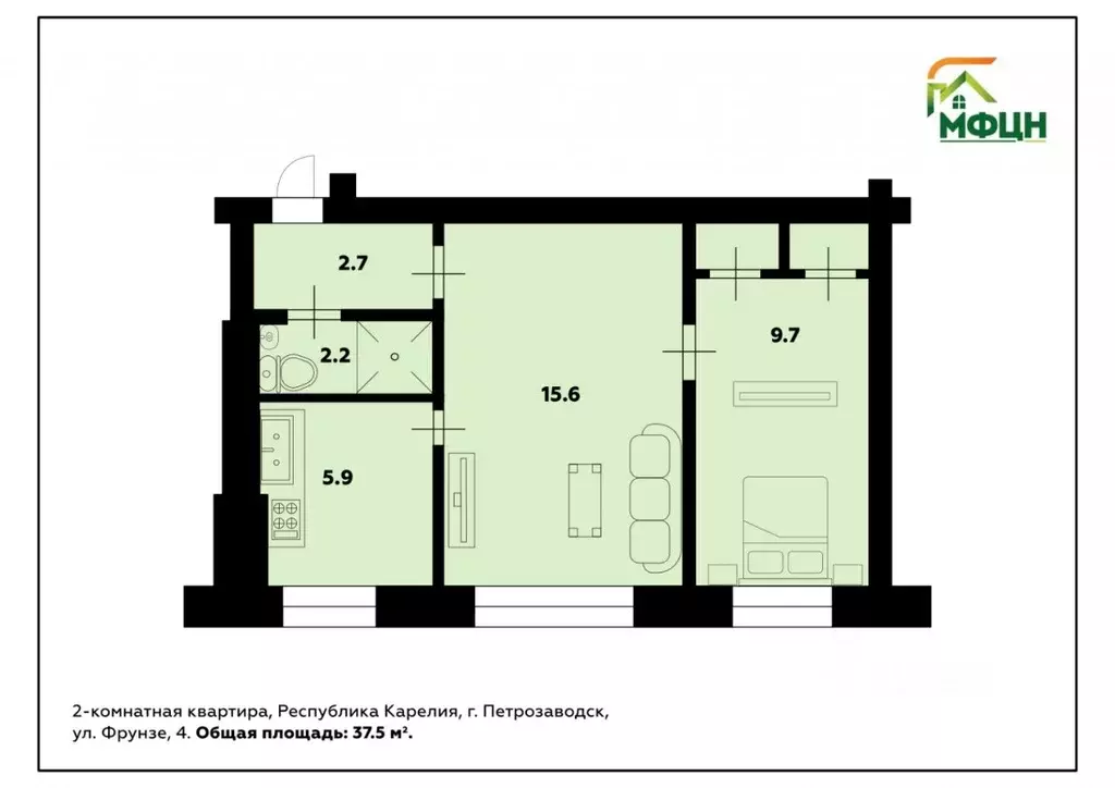 2-к кв. Карелия, Петрозаводск ул. Фрунзе, 4 (37.5 м) - Фото 1