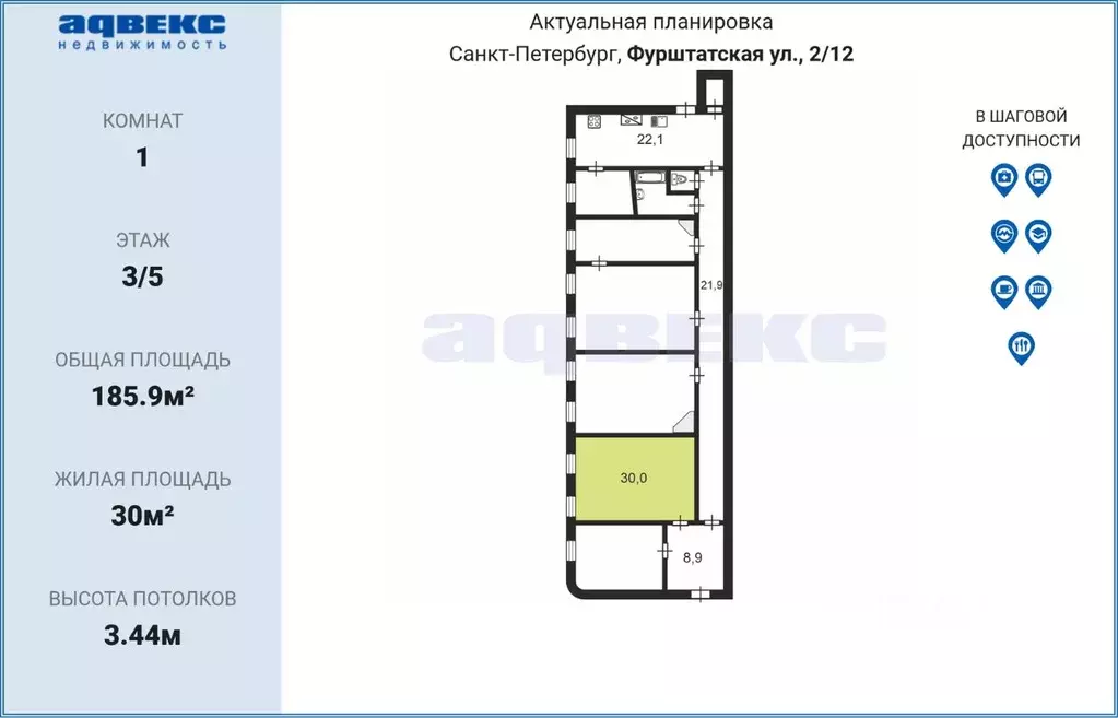 Комната Санкт-Петербург Фурштатская ул., 2/12 (30.0 м) - Фото 1