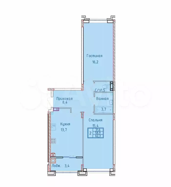 2-к. квартира, 63,1 м, 6/8 эт. - Фото 1