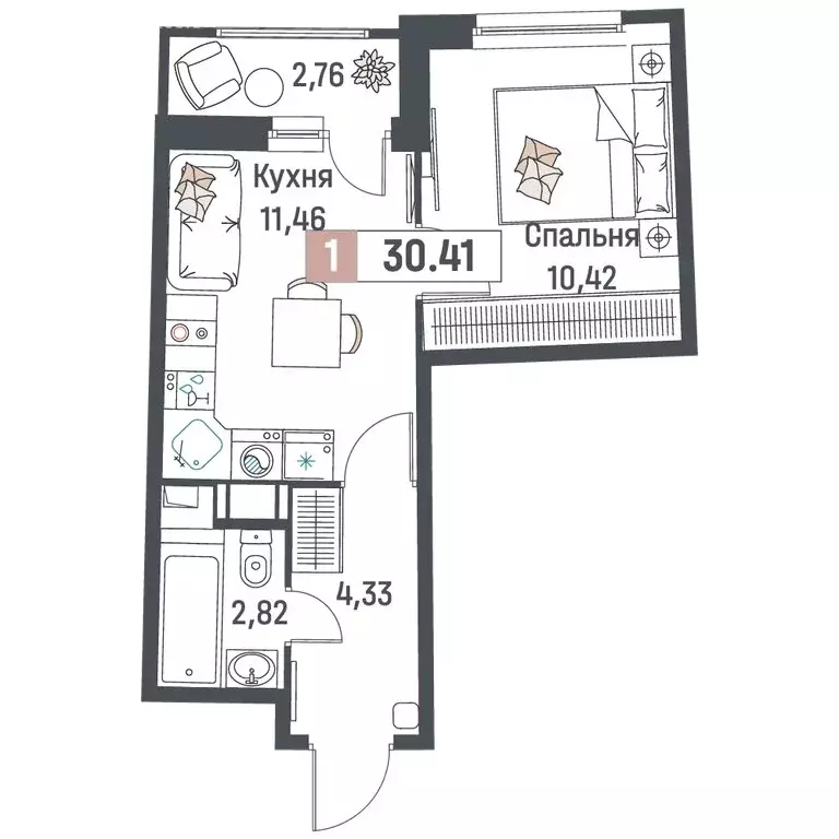 1-комнатная квартира: Мурино, жилой комплекс Авиатор (30.41 м) - Фото 1