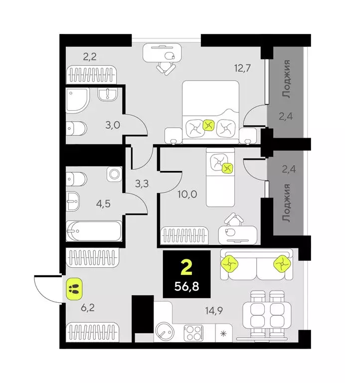 2-комнатная квартира: Тюмень, улица Ивана Чистякова, 3 (56.8 м) - Фото 1