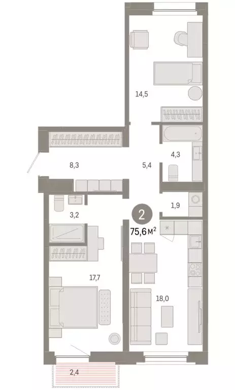 2-комнатная квартира: Тюмень, Мысовская улица, 26к2 (75.58 м) - Фото 1