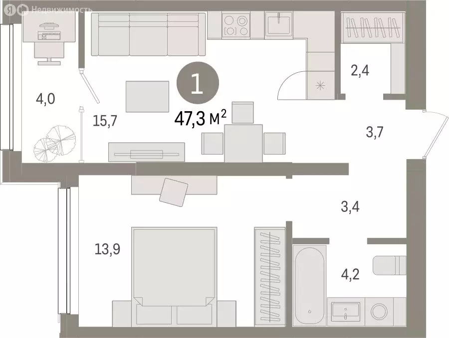 1-комнатная квартира: Тюмень, Мысовская улица, 26к1 (47.29 м) - Фото 1