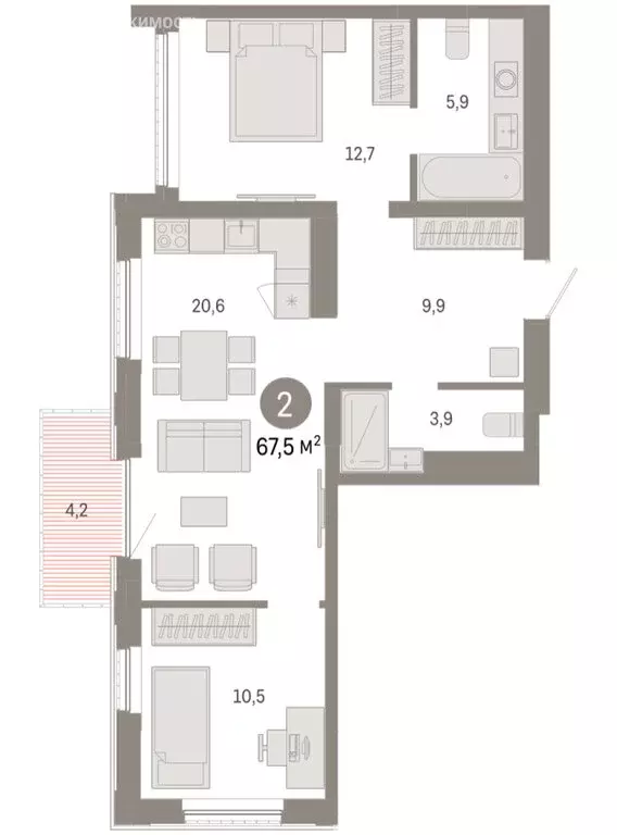 2-комнатная квартира: Тюмень, микрорайон ДОК, ЖК Октябрьский на Туре ... - Фото 2