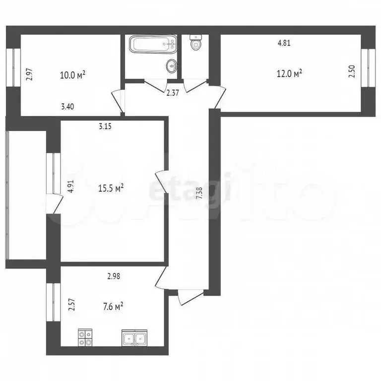 3-к. квартира, 60,6 м, 4/7 эт. - Фото 0