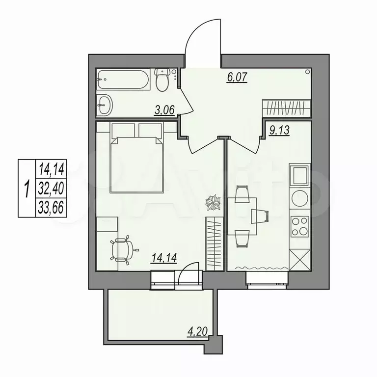 1-к. квартира, 33,7 м, 5/7 эт. - Фото 0