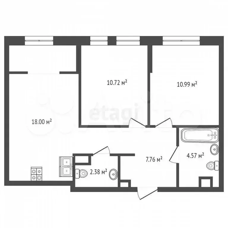 2-к. квартира, 55,4 м, 8/16 эт. - Фото 0