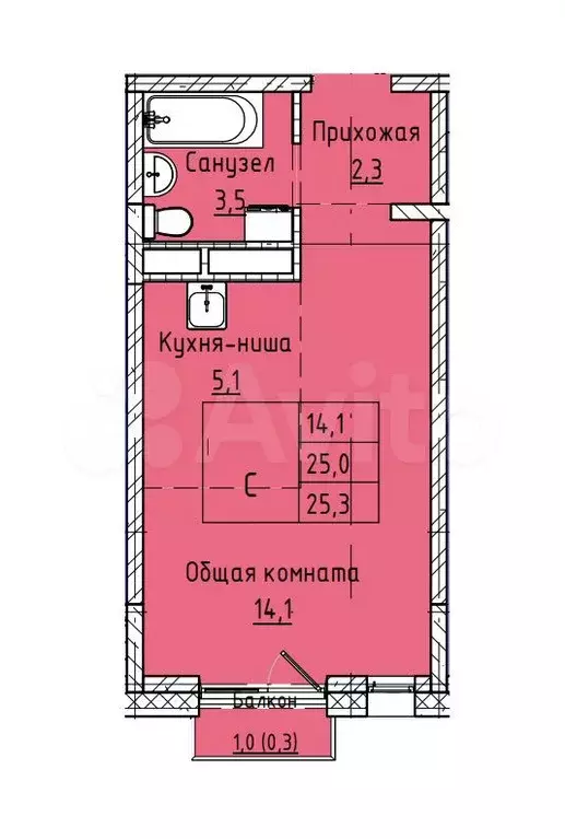 Квартира-студия, 25,3 м, 2/8 эт. - Фото 1