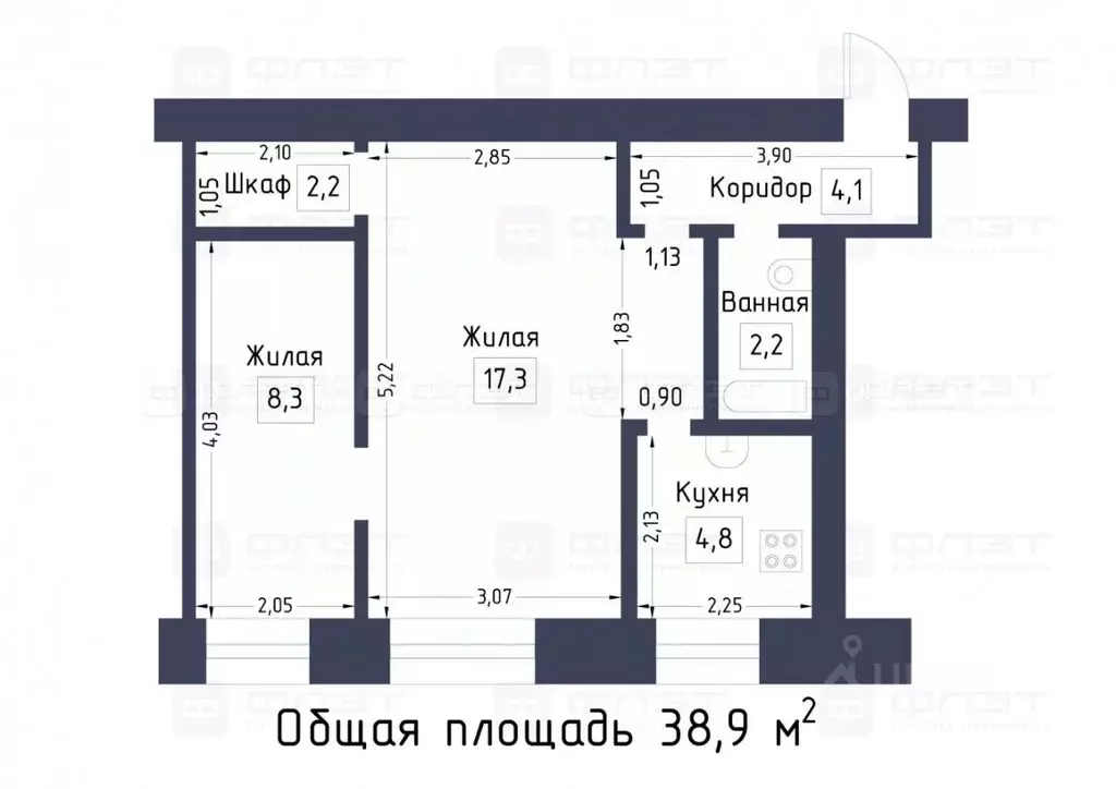 2-к кв. Татарстан, Казань ул. Гагарина, 79 (39.0 м) - Фото 2