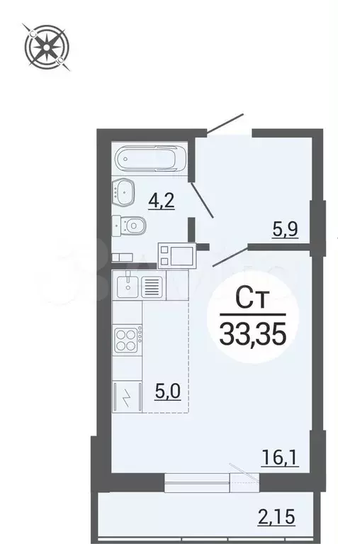 Квартира-студия, 33,4 м, 10/25 эт. - Фото 0