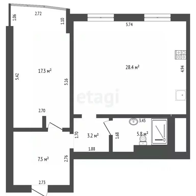 1-к кв. Тюменская область, Тюмень ул. Короленко, 12 (62.2 м) - Фото 2