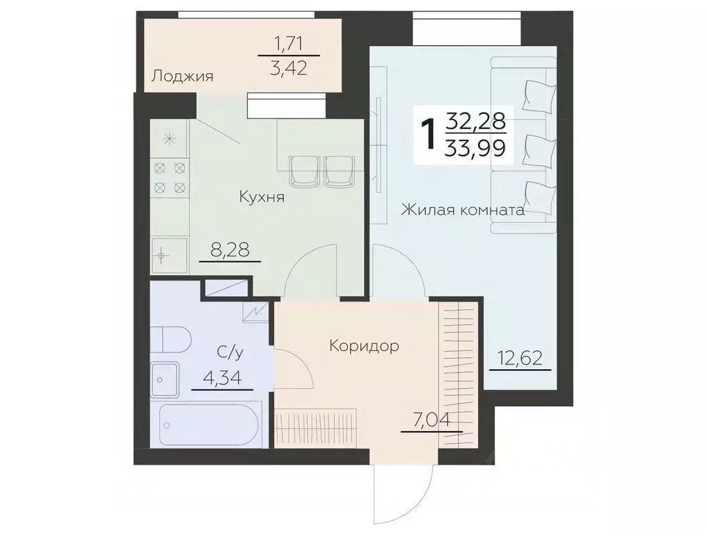 1-к кв. Воронежская область, Воронеж Ленинградская ул., 29Б (33.99 м) - Фото 0