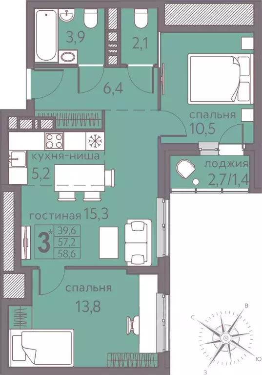 Студия Пермский край, Пермь ул. Серебристая, 5 (58.6 м) - Фото 0