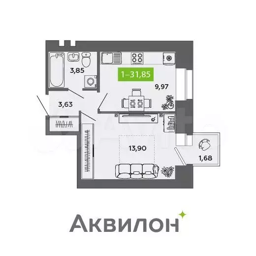 1-к. квартира, 31,9м, 4/9эт. - Фото 1