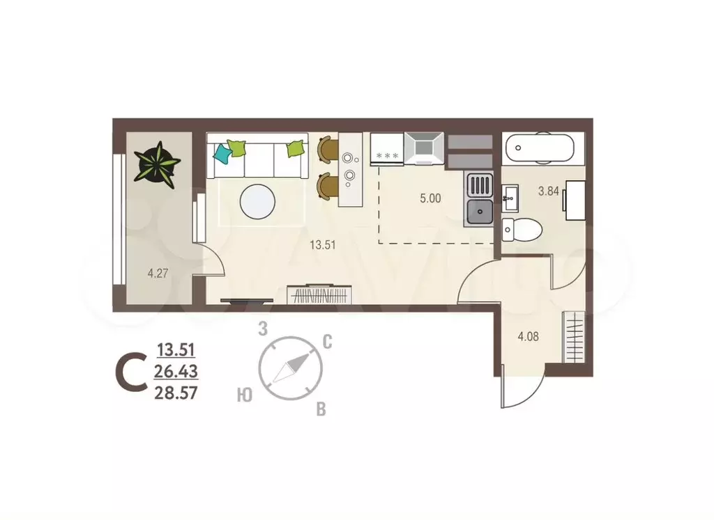 Квартира-студия, 28,6 м, 7/17 эт. - Фото 0