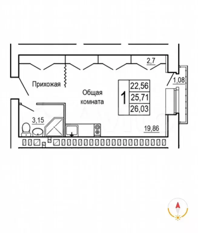 Квартира-студия, 26,7 м, 1/9 эт. - Фото 1