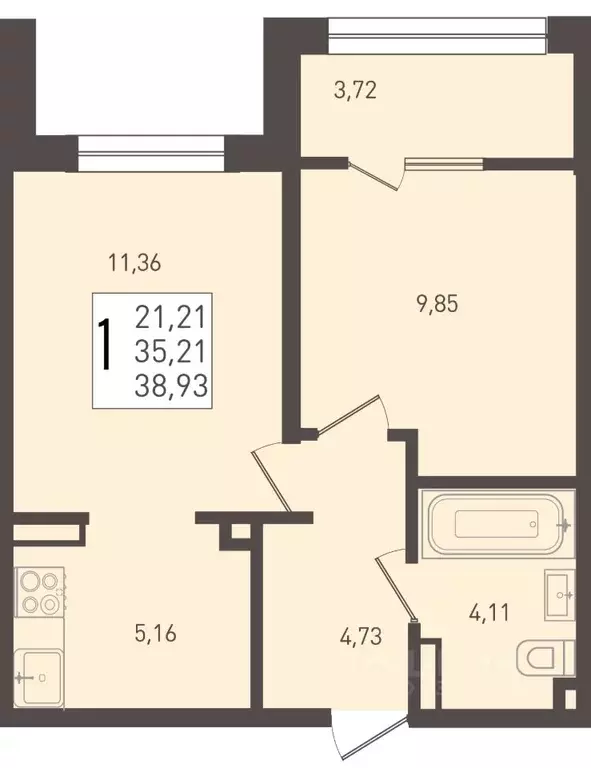 1-к кв. Краснодарский край, Краснодар Югге жилой комплекс (38.93 м) - Фото 1