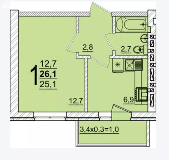 1-комнатная квартира: аул Новая Адыгея, улица Тургеневское шоссе, ... - Фото 1