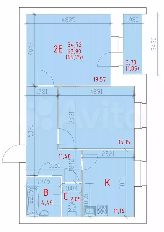2-к. квартира, 65,8 м, 13/14 эт. - Фото 1