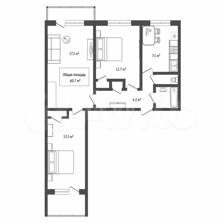 3-к. квартира, 60,7 м, 5/9 эт. - Фото 1