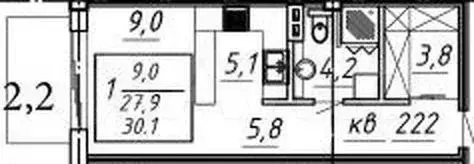 Квартира-студия, 30,1 м, 4/8 эт. - Фото 1