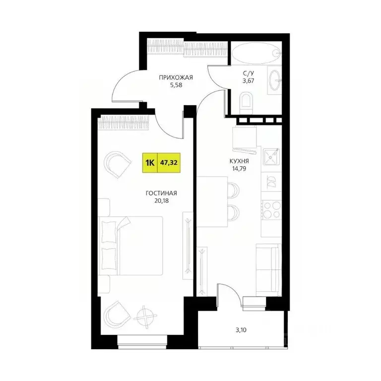 1-к кв. Дагестан, Дербент  (47.32 м) - Фото 1