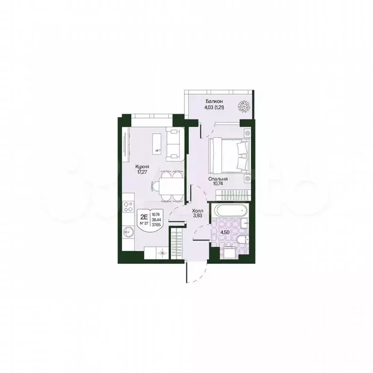 1-к. квартира, 37,7 м, 4/4 эт. - Фото 0